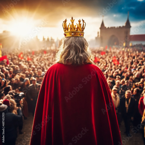 Rear view of old king with a crown facing the crowd of people, generative ai illustration photo