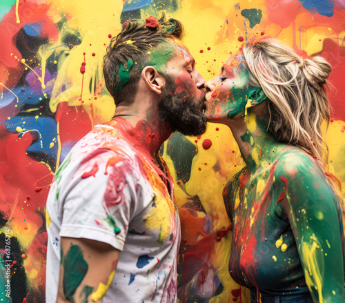 A love concept of a passionate kiss of a young couple in love that is covered and splashed with vivid paints and bright colors flowing over them.