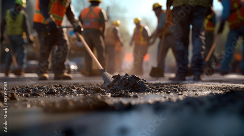 A brigade of workers is working on a road-building project