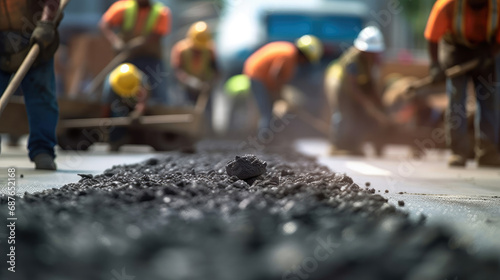 A brigade of workers is working on a road-building project