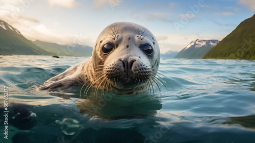 Close Up of a Rescued Seal in the Ocean with Snow-Capped Mountains in the Background photo