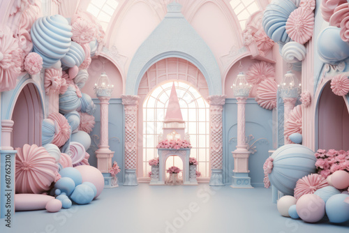 Fantastical candy-themed hall with pastel pink and blue decor, ornate columns, and whimsical confections. photo