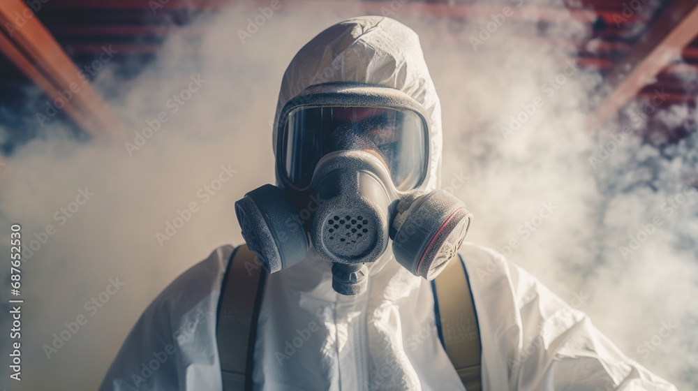 A guy from the pest control service takes center stage, donned in a white protective suit and mask A guy from the pest control service takes center stage, donned in a white protective suit and mask