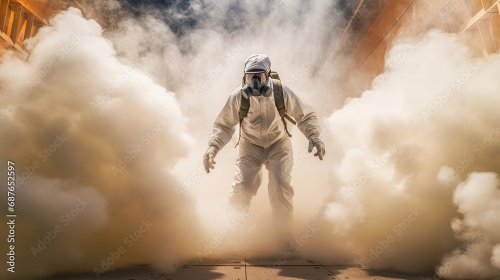 A guy from the pest control service takes center stage, donned in a white protective suit and mask A guy from the pest control service takes center stage, donned in a white protective suit and mask
