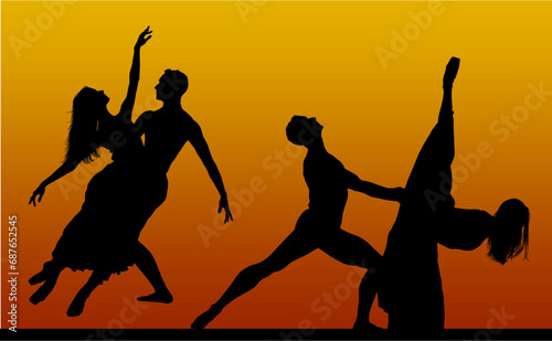 silueta, gente, baile, vector, atardecer, mujer, brincar, danza