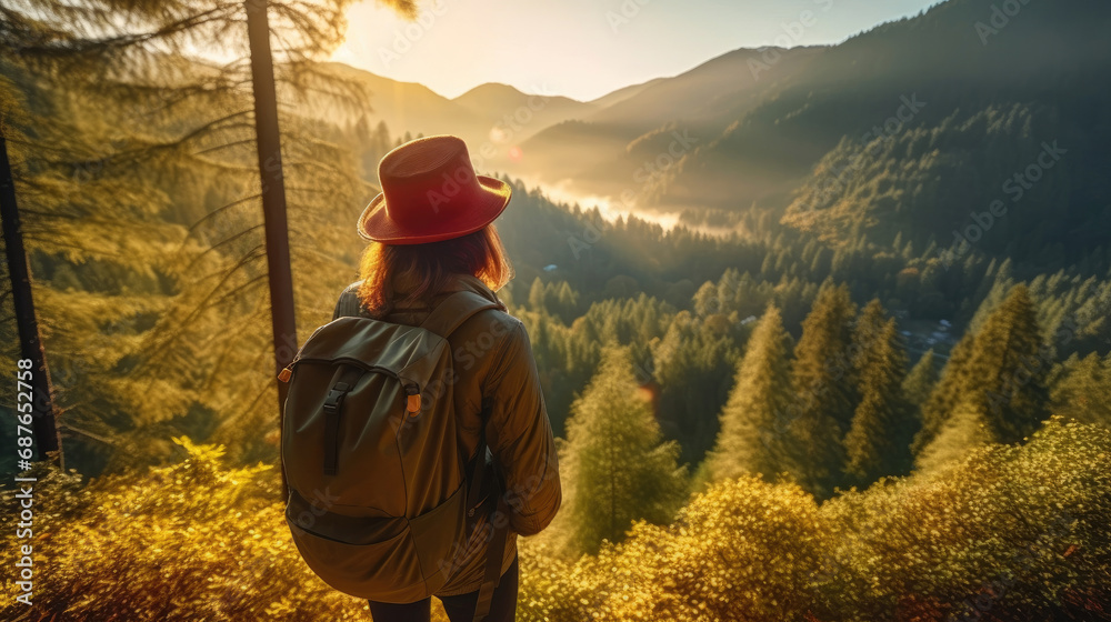 A nomadic woman is working in the middle of a beautiful mountain forest A nomadic woman is working in the middle of a beautiful mountain forest