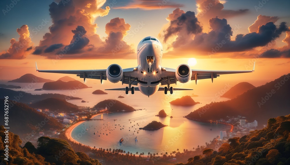 Airplane ascends during island sunset, wheels retracting, sky colorful. Over the island, an airplane takes off into a sunset, hills in the distance.