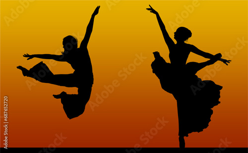 silueta, gente, baile, vector, atardecer, mujer, brincar, danza