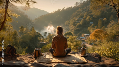 A nomadic woman is working in the middle of a beautiful mountain forest