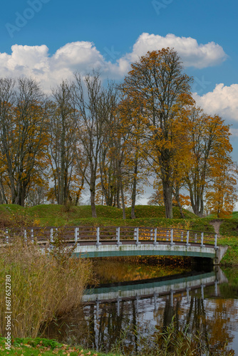 A wooden bridge in Kuressaare Park, located near the Kuressaare castle on a cloudy autumn day. Golden leaves on the ground. Kuressaare, Estonia.