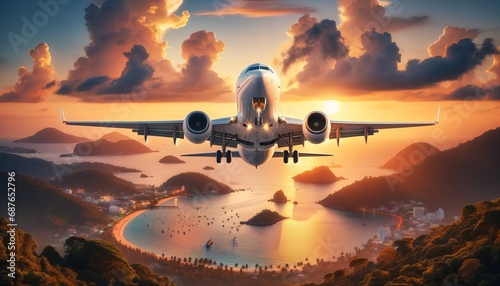 Airplane ascends during island sunset, wheels retracting, sky colorful. Over the island, an airplane takes off into a sunset, hills in the distance. photo