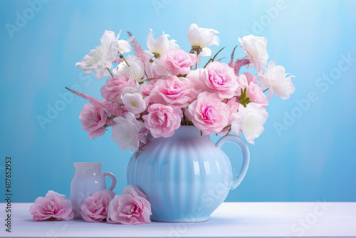 Bright bouquet of pink roses and white flowers in a blue vase on a white surface with a light blue backdrop. © Enigma