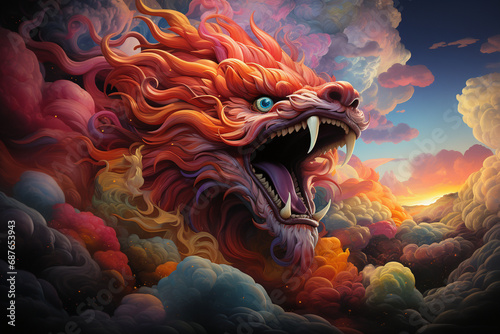 Unveil the surreal beauty of a commercial river flowing gracefully, mirroring the sinuous movements of a Chinese dragon, harmonizing with a rainbow against a backdrop of fluffy clo