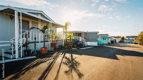 Mobile home park. A row of residential mobile park homes in a small town somewhere in California, street view. Lifestyle, architecture photo