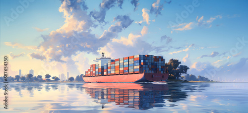 red cargo container ship on the sea, ai technology, logistics and supply chain, shipping industry, esg