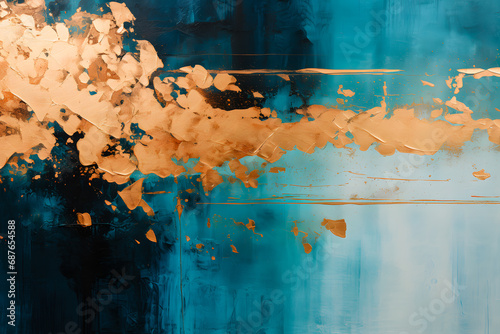 Papier peint style peinture moderne, en bleu turquoise et or