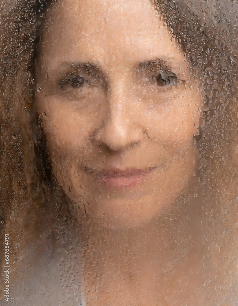 Mature adult female looking through steamy misty glass