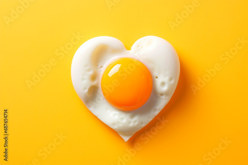 Still life of an egg on a yellow background in the shape of a heart to have health benefits at a cardiological level
