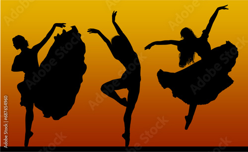silueta, gente, baile, vector, atardecer, mujer, brincar, danza