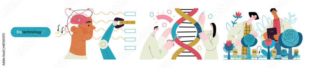 Bio Technology -modern flat vector concept illustration of improving aspects of healthcare, agriculture, environmental sustainability, industrial processes. Metaphor of bridging Science and Nature Bio Technology -modern flat vector concept illustration of improving aspects of healthcare, agriculture, environmental sustainability, industrial processes. Metaphor of bridging Science and Nature