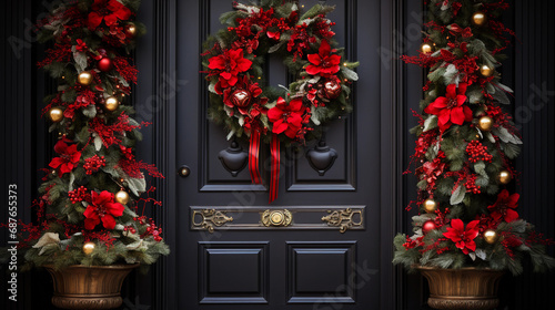 Holiday Spirit Embodied - A Festive Christmas Wreath Adorning the Front Door with Seasonal Joy