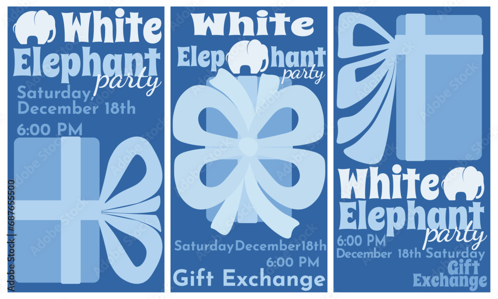 White elephant party, set of card or flyer design for traditional