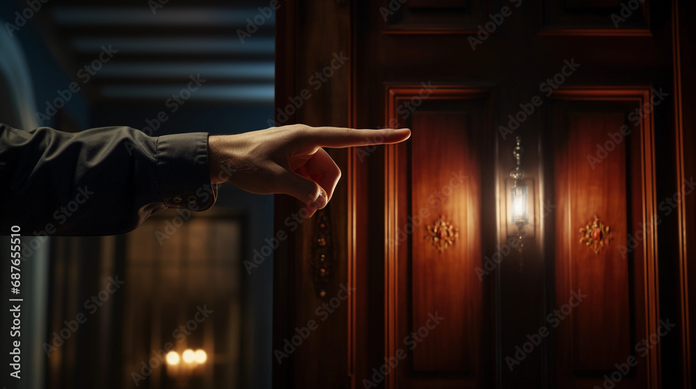 A Gentle Reach - Hand Stretching Towards a Classic Monochromatic Doorbell in Anticipation - obrazy, fototapety, plakaty 