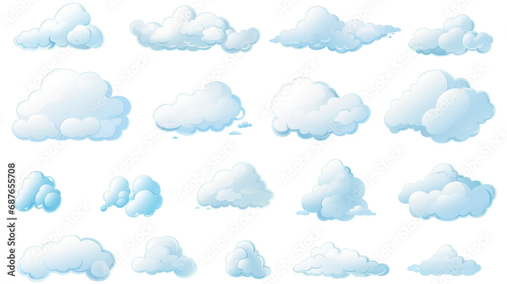 Set of cartoon clouds in flat style. Collection of white clouds isolated on transparent background PNG file.