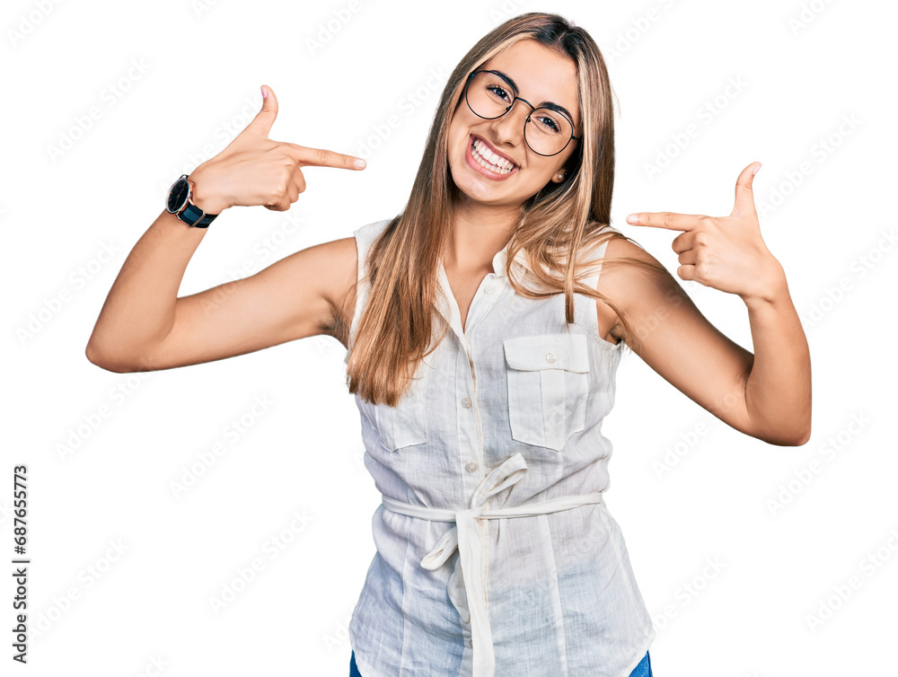 Hispanic young woman wearing casual white shirt looking confident with smile on face, pointing oneself with fingers proud and happy. Hispanic young woman wearing casual white shirt looking confident with smile on face, pointing oneself with fingers proud and happy.