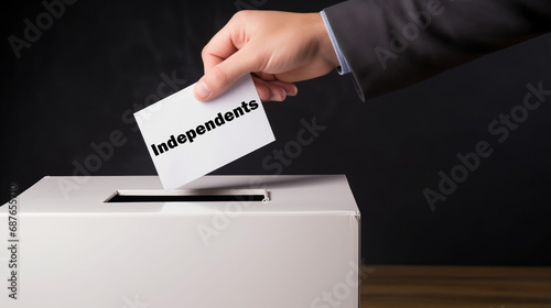 Hand casting a ballot into the election box with “Independents” written on the paper. A symbol of nonpartisan choice. photo