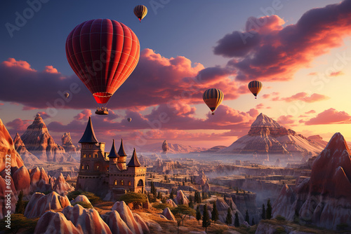 Explore the otherworldly beauty of Cappadocia through a captivating photo, where hot air balloons punctuate the sky, transforming the landscape into a dreamlike canvas of surreal s