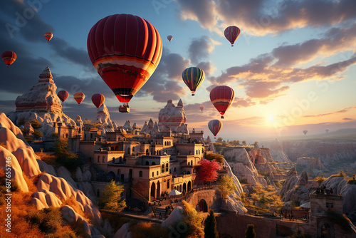 Capture the whimsical charm of Cappadocia's skyline with a mesmerizing photo showcasing a fleet of hot air balloons gracefully floating above the unique rock formations, bathed in