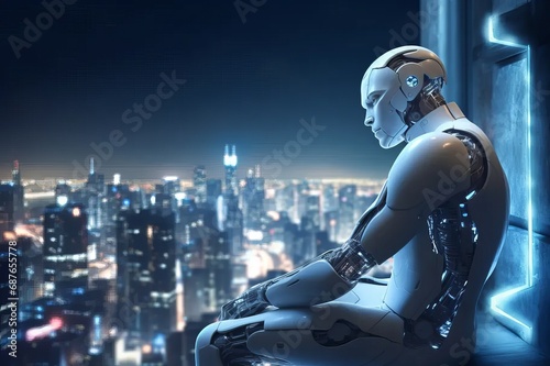 A humanoid robot, sits worriedly on the balcony of a tall building in a futuristic dystopian city. Uncertainty, depression and alienation of the ordinary and modern man, Ai tech, concept.  photo