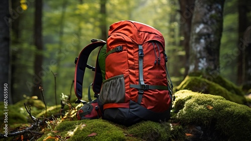 Hiking in the woods background. Red hiking backpack in the forest near mossy trees. Mountain climbing, hiking, recreation, active outdoor sports concept.