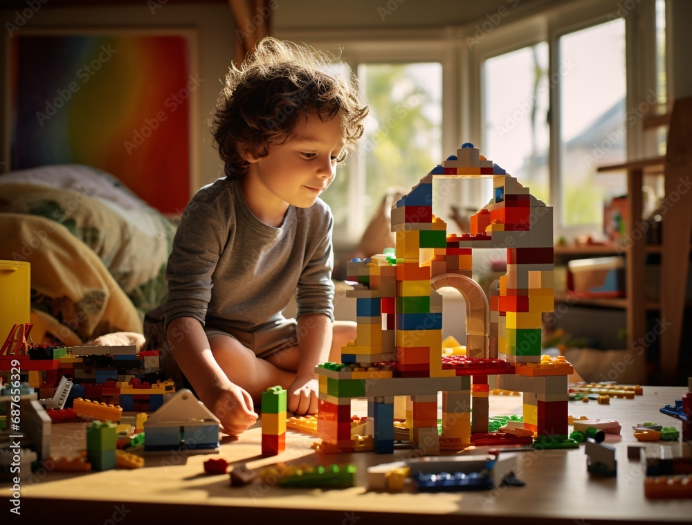a young child playing with lego blocks at home, bold colors and patterns - obrazy, fototapety, plakaty 