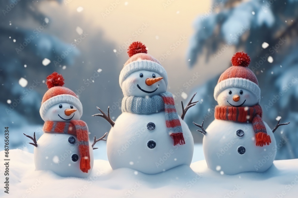 Three happy Snowman on the snow. Winter optimistic scene. Happy New Year background. 