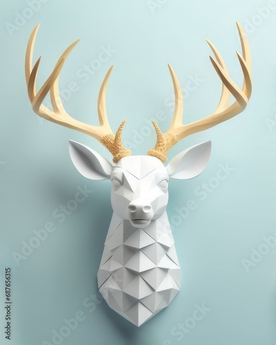 Deer head isolated on a soft blue background. Paper art 3d craft. 