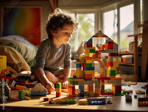 a young child playing with lego blocks at home, bold colors and patterns photo