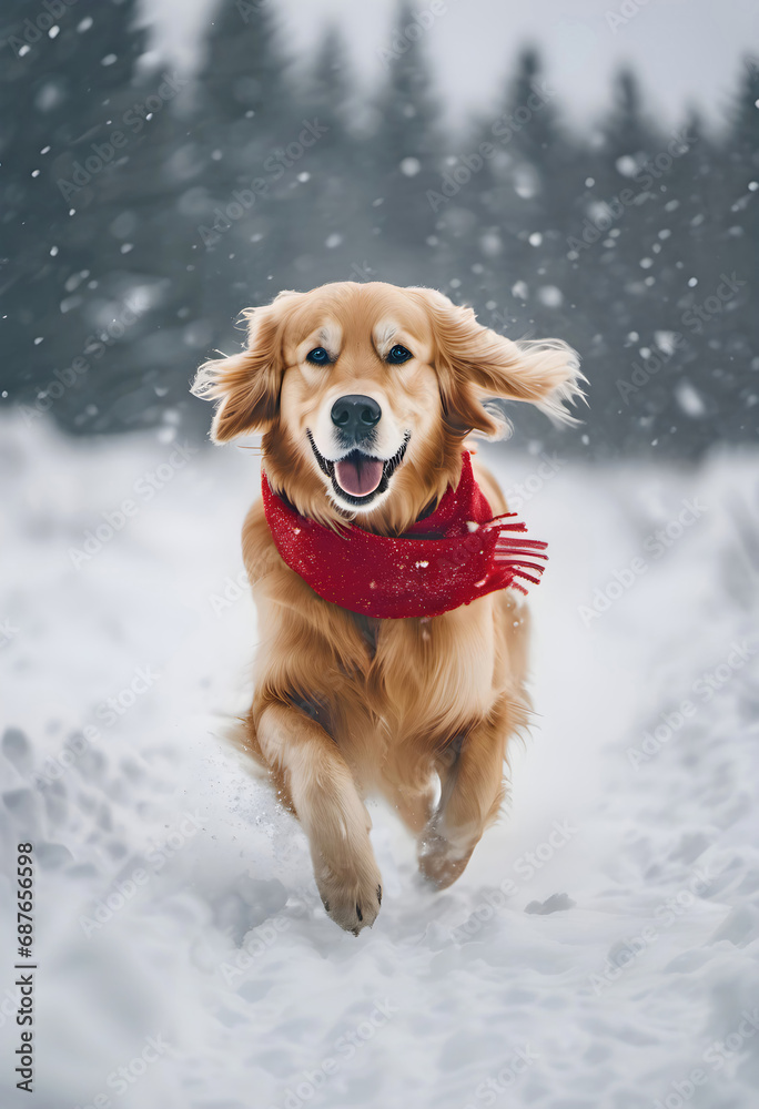 Golden retriever wearing a red scarf and running in snow Golden retriever wearing a red scarf and running in snow