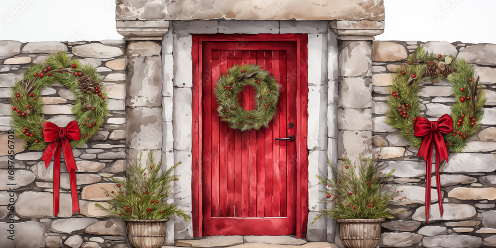 Christmas wreaths on red door and stone walls illustration, painting, background banner, traditional, old fashioned, country