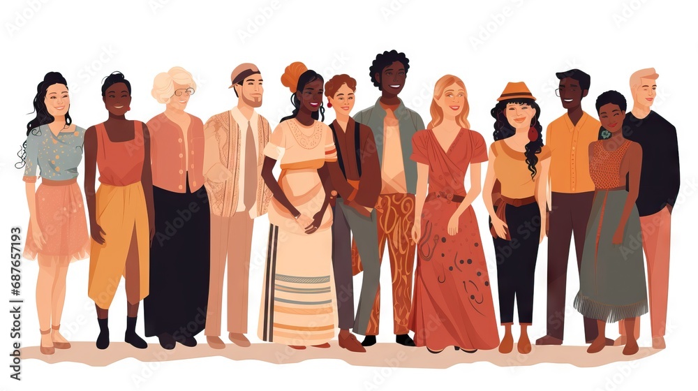 Obraz premium People from different cultures standing together in various colors, symbolizing diversity and unity.