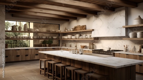Spacious kitchen with wooden beams and island. © Banana Images