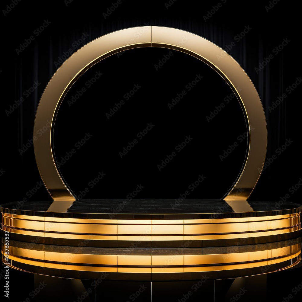 An exquisite circular golden stage mockup with a glossy finish, illuminated by ambient lights, set against a dark backdrop with velvet curtains 