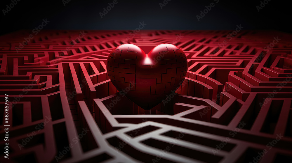 A conceptual red heart-shaped object at the center of a red maze - obrazy, fototapety, plakaty 