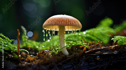 A single mushroom with a dew-covered cap in a vibrant forest setting, bathed in natural sunlight with sparkling water droplets 