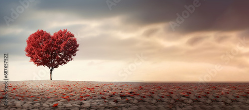 A solitary heart-shaped tree banner with vibrant red leaves stands on a barren  cracked landscape under a dramatic sky 