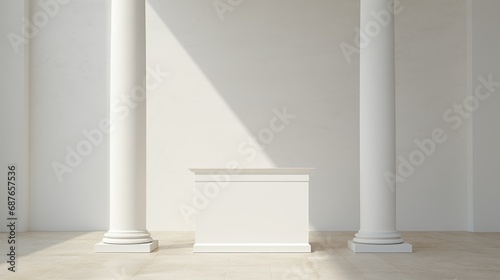 A minimalist white podium mockup with classic columns on a bright background for showcasing items or presentations © Ярослава Малашкевич