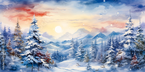 Snowing winter forest wilderness landscape, watercolor painting, wide banner © Sunshower Shots