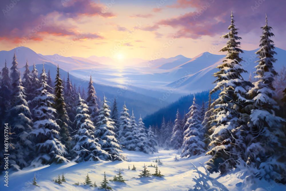 Winter snow covered forest landscape at sunrise in the mountains, painting - obrazy, fototapety, plakaty 