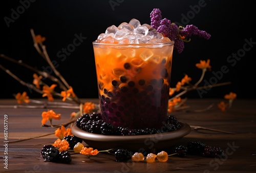 blackcurrant and black beans in bubble tea, multilayered texture photo